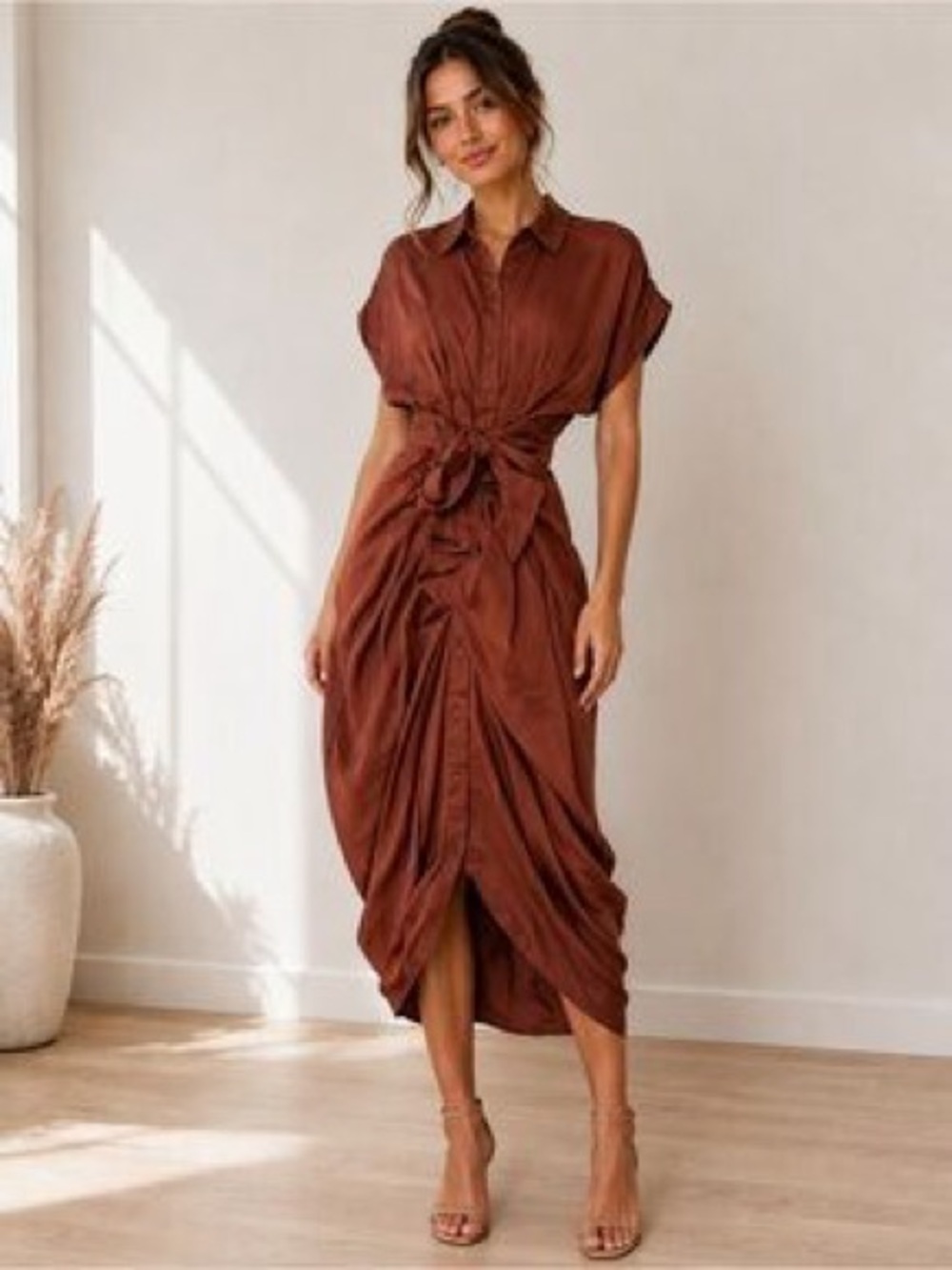 Steve Madden Chestnut Brown Tie-Front Midi Dress